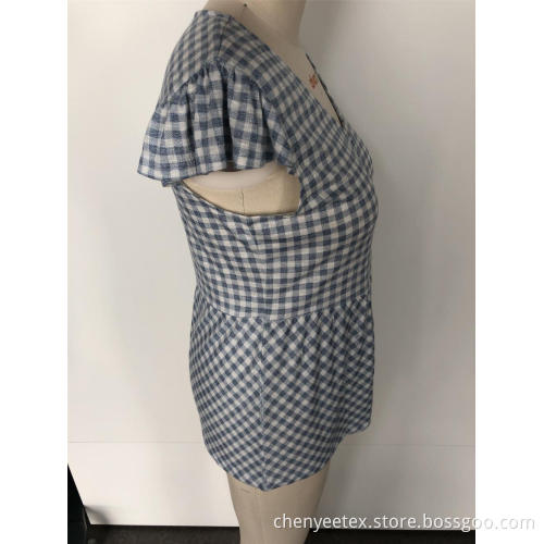 V-neck checked patchwork blouse